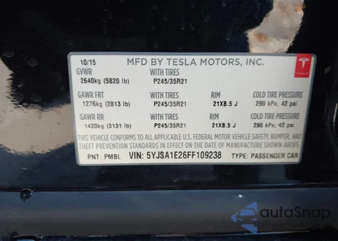 2015 Tesla Model S 70D/85D/P85D из США, поврежденный, VIN 5YJSA1E26FF109238